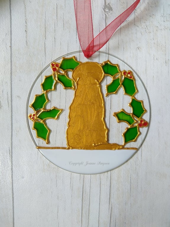 Golden Retriever Christmas sun catcher decoration. Holly decoration.