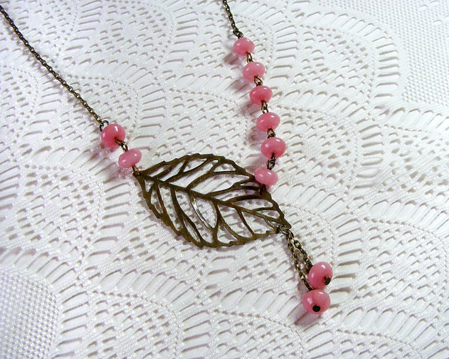 Bronze Necklace with Pink Morganite Beads and  Leaf Detail