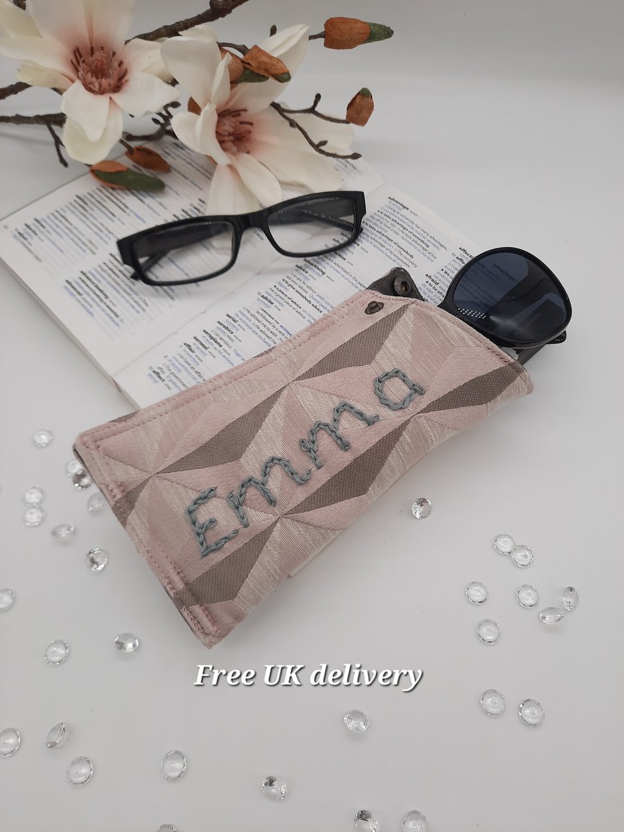 Personalised glasses case, pink geometric with dark grey sateen lining. 