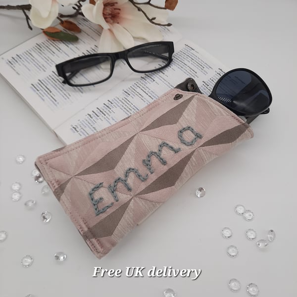 Personalised glasses case, pink geometric with dark grey sateen lining. 