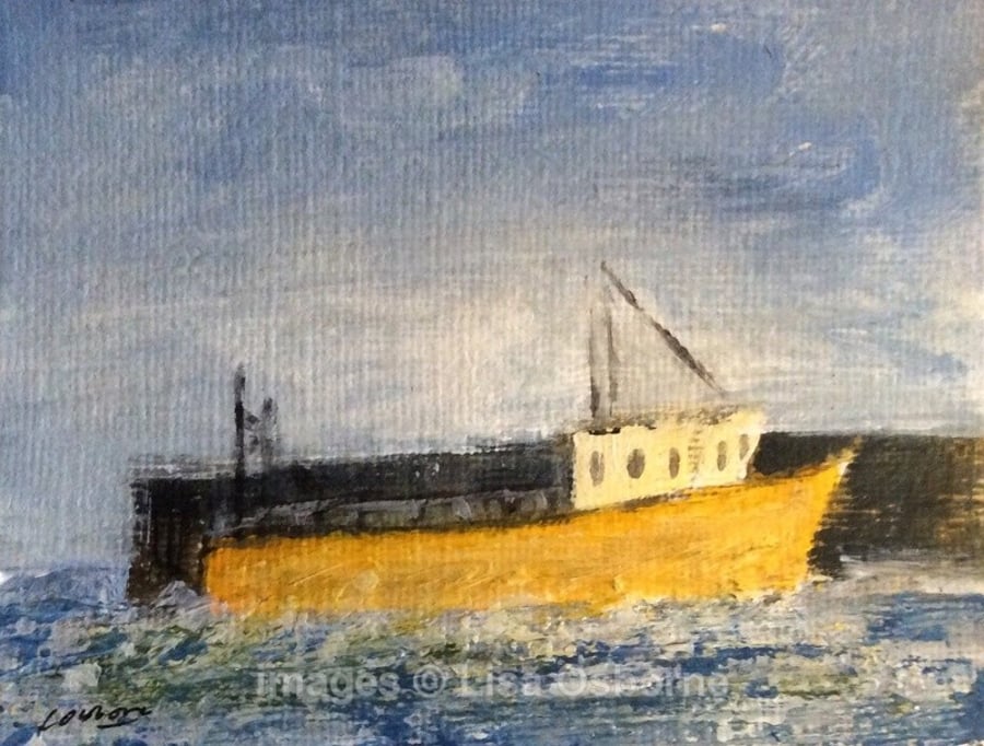 Fishing boat - original acrylic, miniature painting