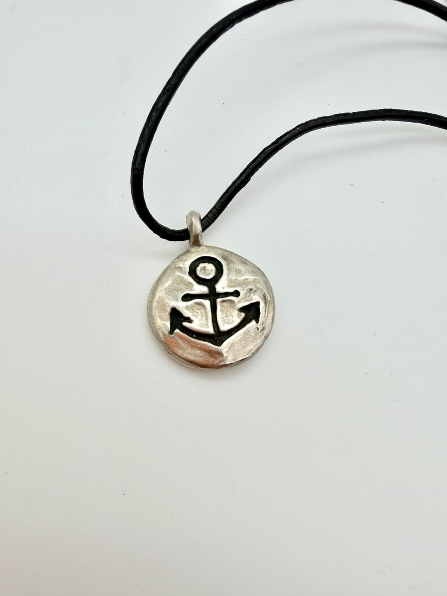 Silver Anchor Pendant on leather cord