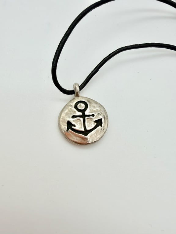 Silver Anchor Pendant on leather cord