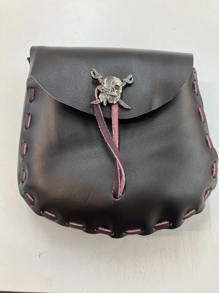 Medieval Style: Black Leather Pouch with Pirate closure - FREE SHIPPING