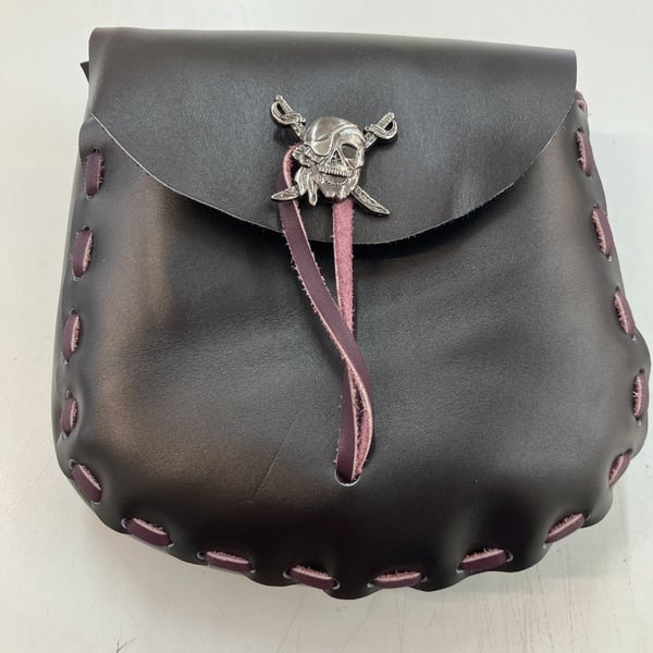 Medieval Style: Black Leather Pouch with Pirate closure - FREE SHIPPING