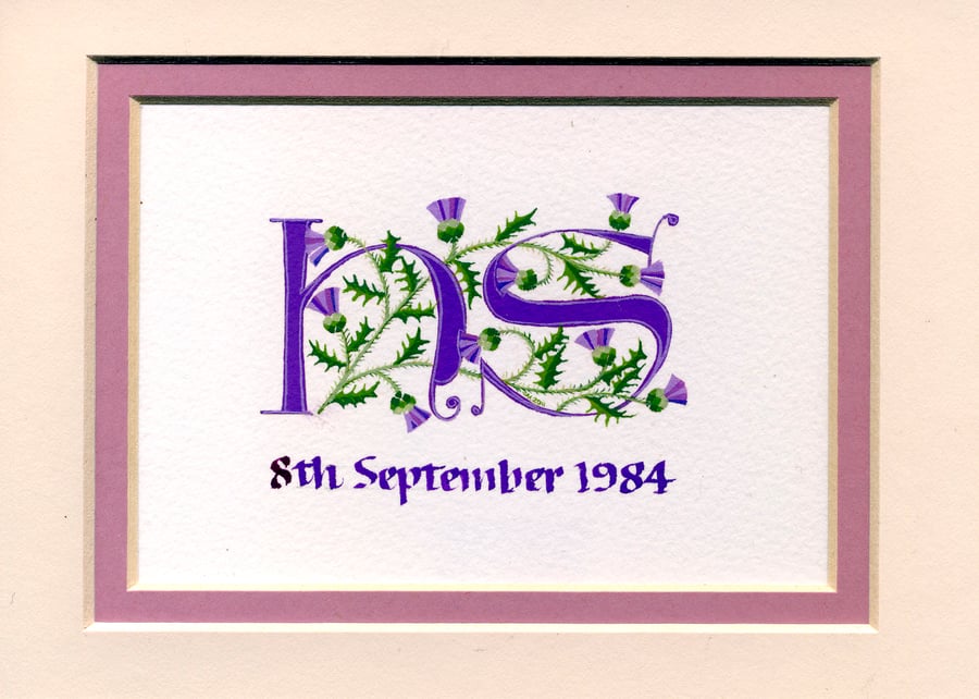 Letters in purple with Scots thistles handmade custom wedding gift.