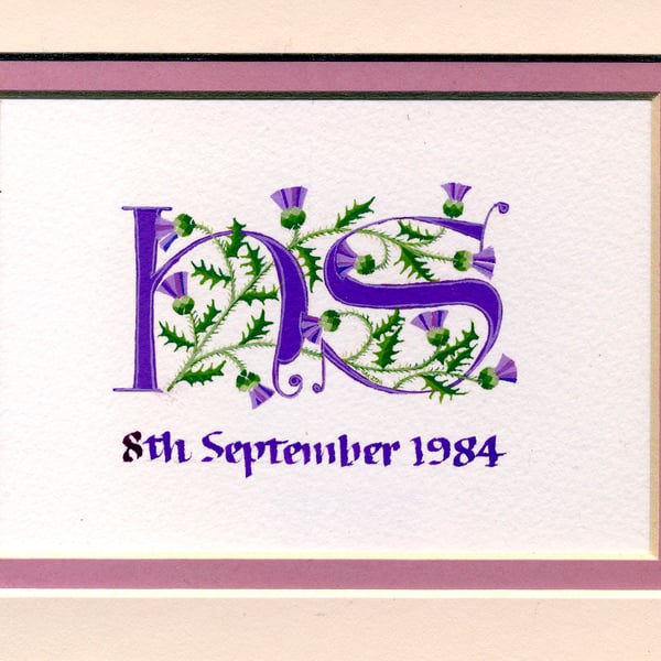Letters in purple with Scots thistles handmade custom wedding gift.