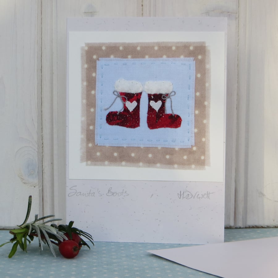 Santa's Boots! Miniature hand-stitched textile mounted on recycled card