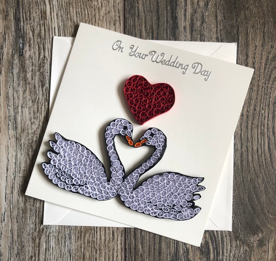 Handmade quilled Swan wedding day card