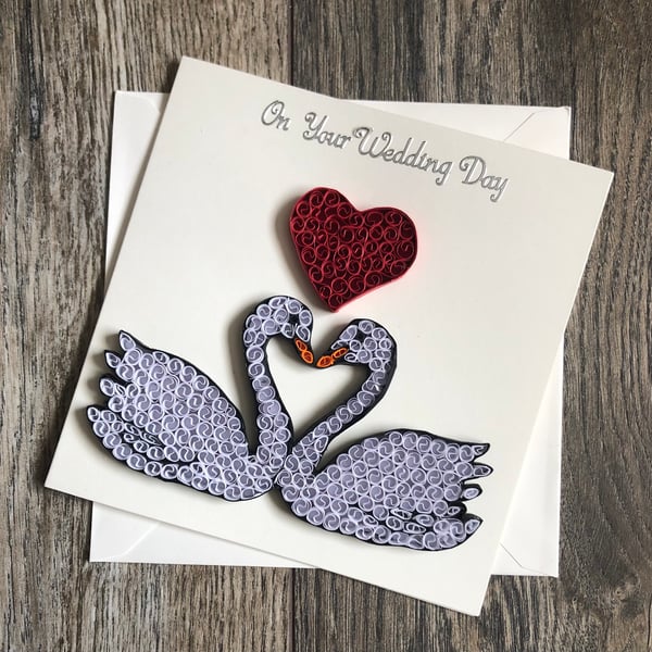Handmade quilled Swan wedding day card
