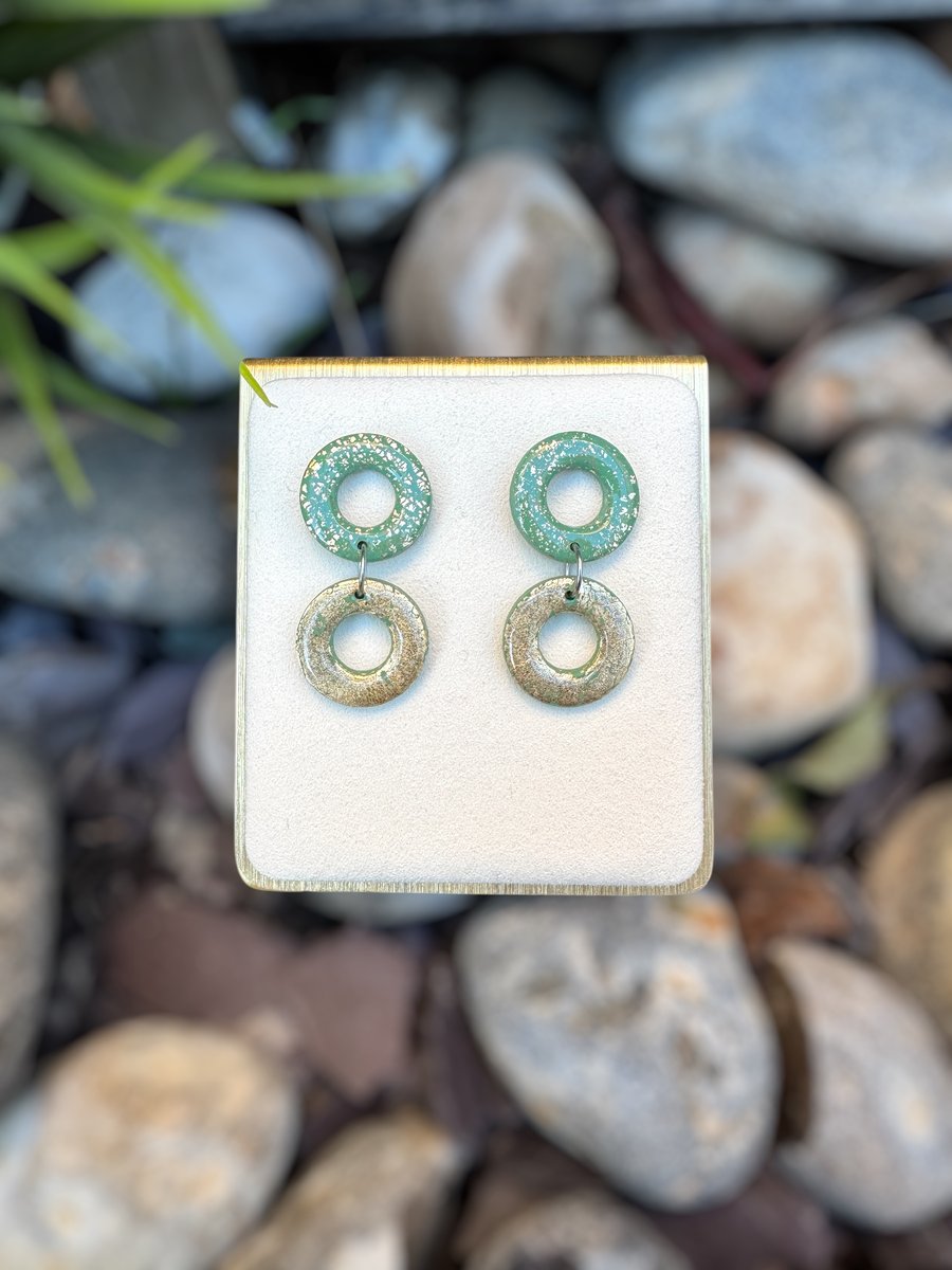 Sage Green and Gold Speck Double Hoop Drop Polymer clay Earrings