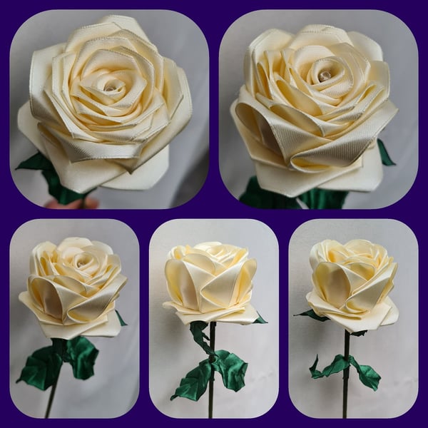 Gorgeous Handmade Ivory Ribbon Rose -  Long Stem Artificial Forever Flower Gift.