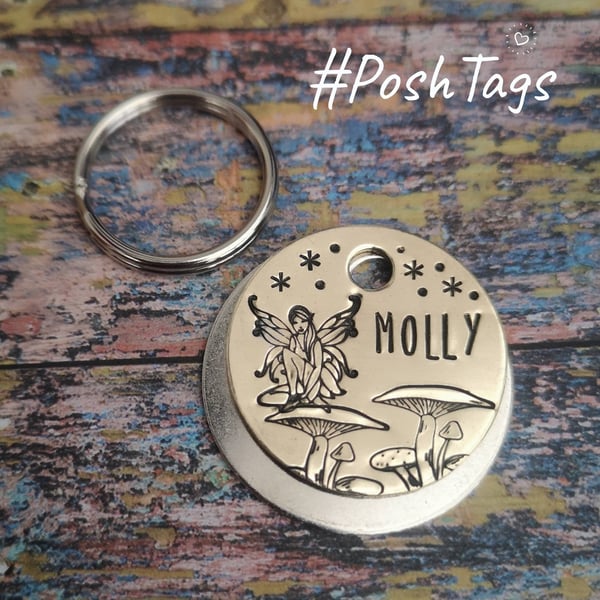 Fairy and toadstools believe in magic - 2 sizes - cat dog pet ID tags hand stamp