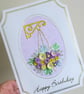 Handmade birthday card with quilled flowers hanging basket in lilac and lemon - Image 5