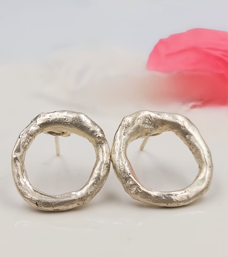 Molten Sterling Silver Circle Stud Earrings - Organic Chunky Minimalist Studs