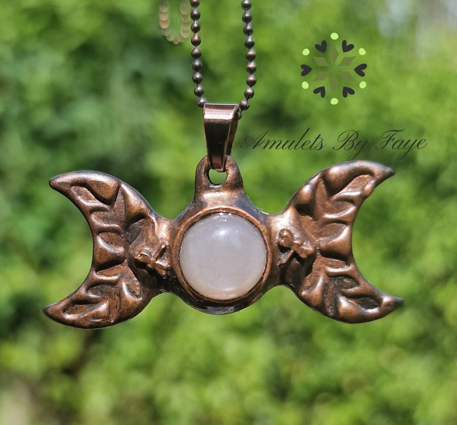 Copper Triple Moon with Peach Moonstone Gemstone, Dragonflies Pendant Necklace.