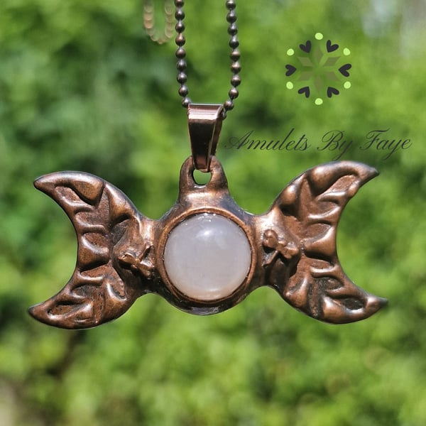 Copper Triple Moon with Peach Moonstone Gemstone, Dragonflies Pendant Necklace.