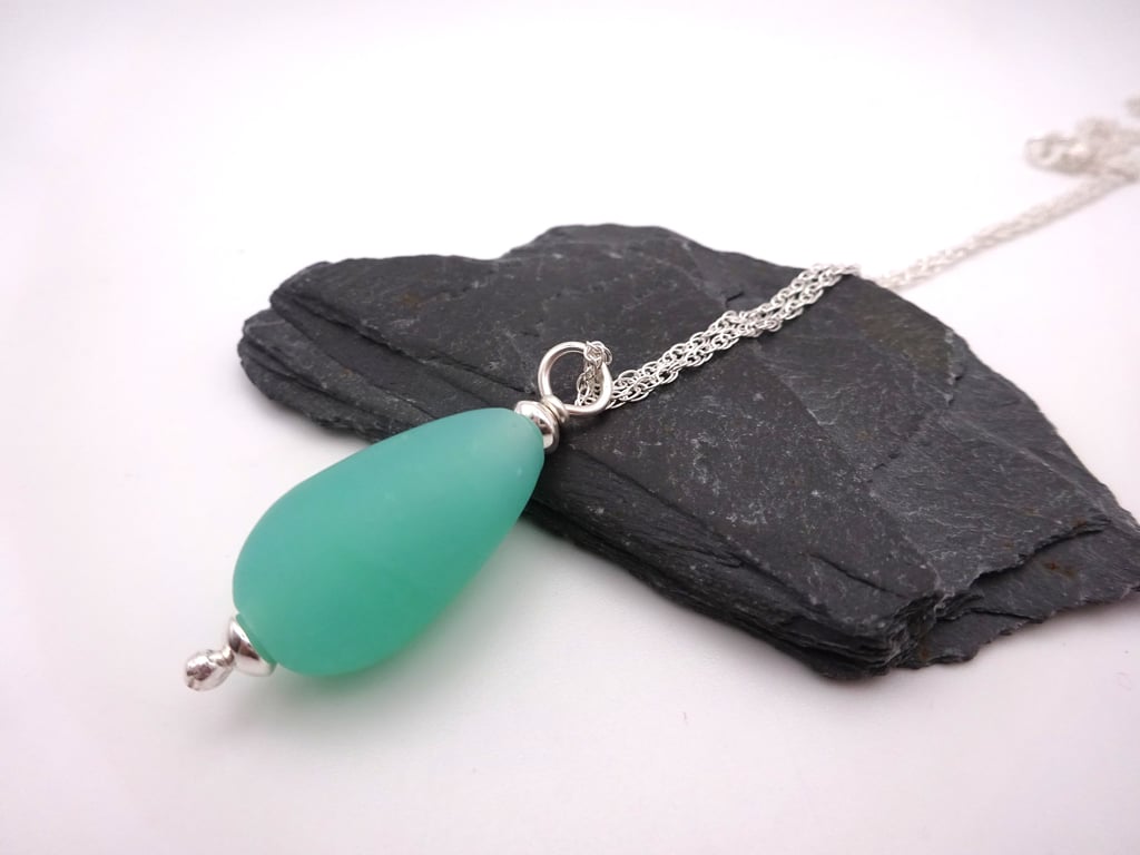 lampwork glass aqua frosted tear drop pendant necklace