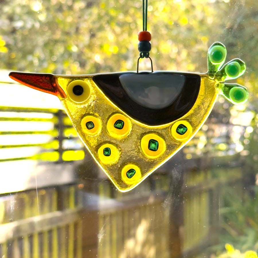 Yellow fused glass bird suncatcher