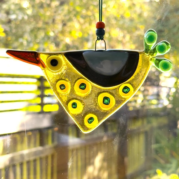 Yellow fused glass bird suncatcher