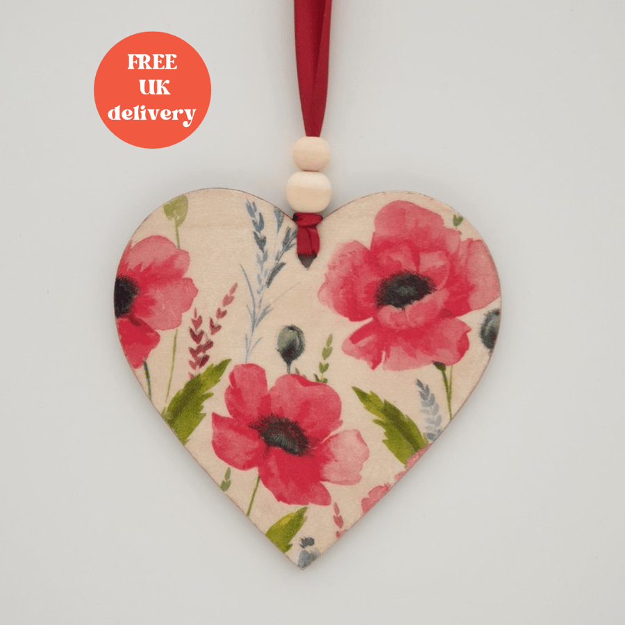 Poppies wooden hanging heart, pretty floral gift for her