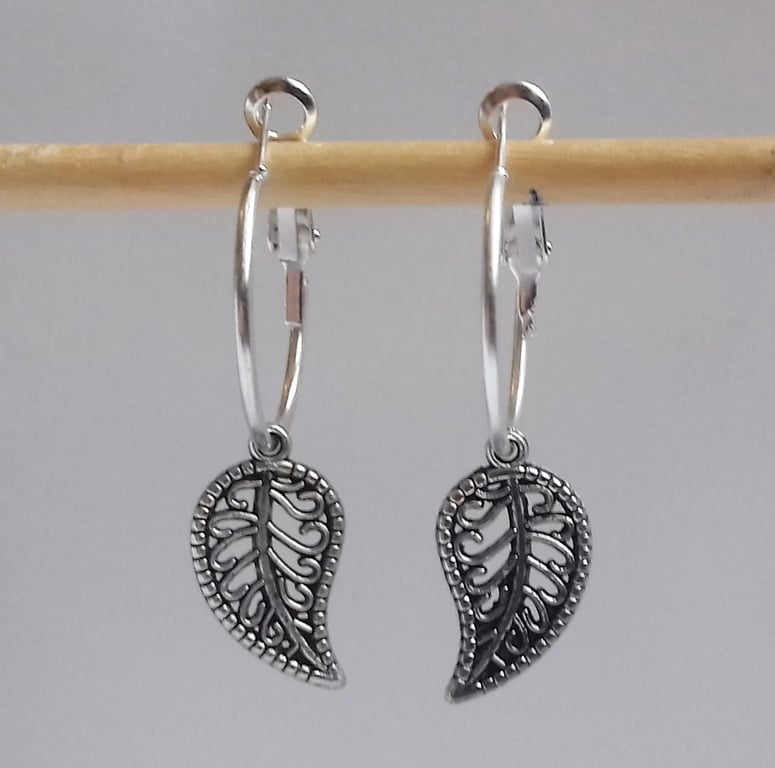 Paisley Leaf Hoops Charm Hoop Silver Plate Earrings 