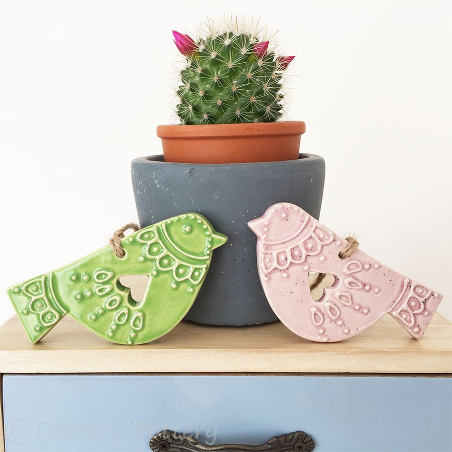 Set of two ceramic lovebird decorations folk art