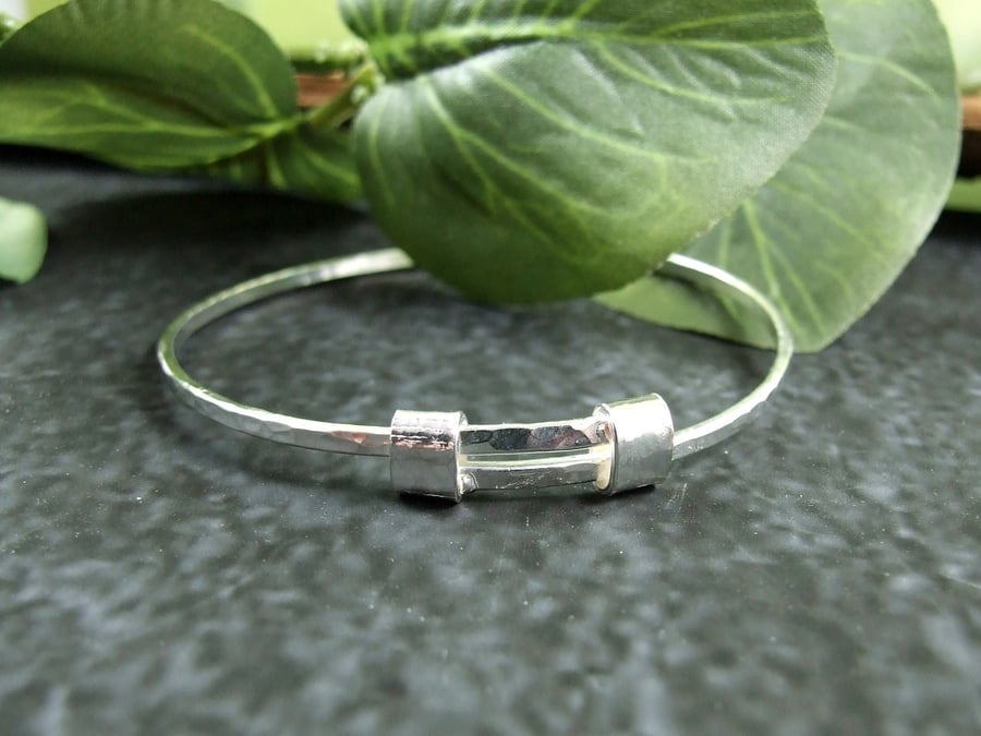 Sterling Silver Adjustable Fit Bangle. Hammered Bracelet. Ladies Size Small