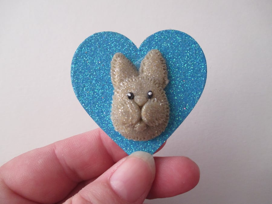 Bunny Rabbit Love Heart Fridge Magnet Wood Wooden Glittery Bow Blue Gold