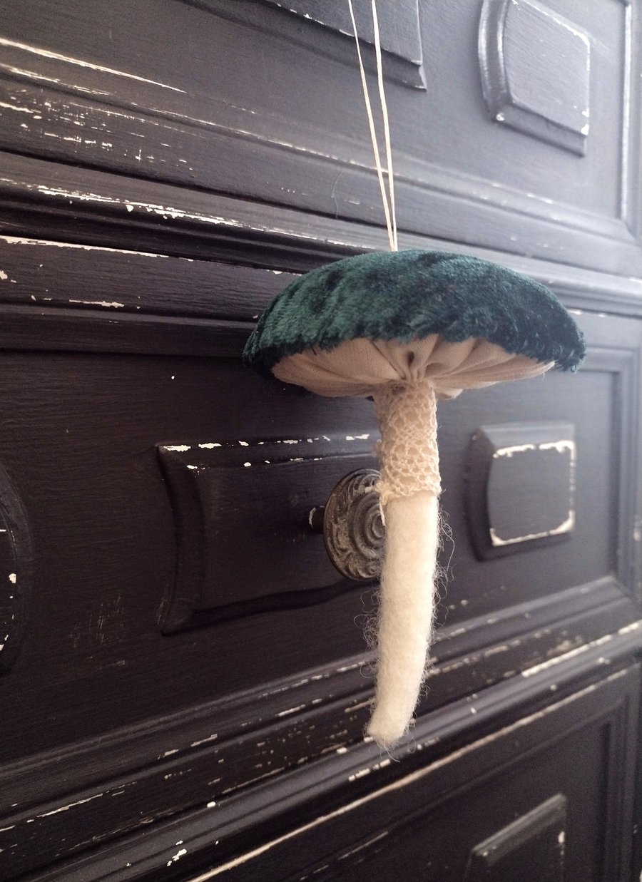 Mushroom hanging green velvet textile toadstool 