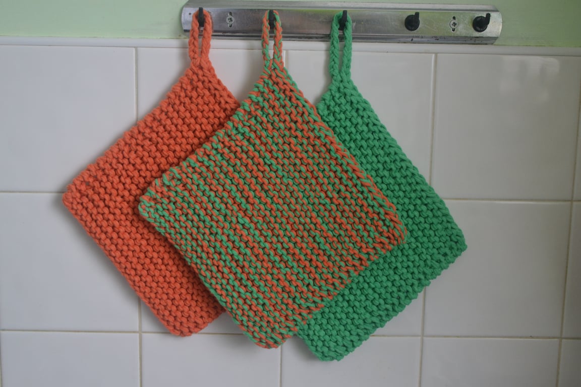 Set of 3 Handmade Pot Holders Orange Green Knitted Cotton Acrylic Set 02