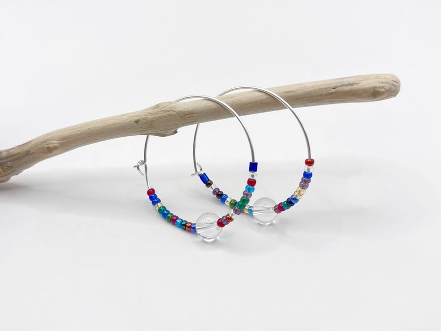 Sterling Silver Hoops with Crystal Bead and Rainbow Mix Seed Beads - 30mm