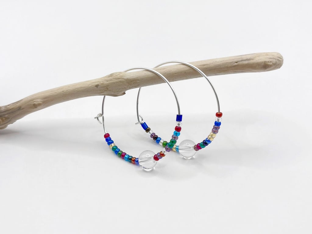 Sterling Silver Hoops with Crystal Bead and Rainbow Mix Seed Beads - 30mm