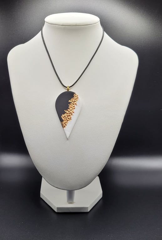 Black and white teardrop polymer clay pendant necklace handmade costume jeweller