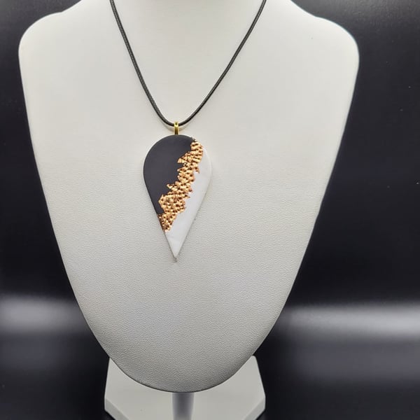 Black and white teardrop polymer clay pendant necklace handmade costume jeweller