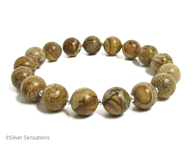 Brown Picture Jasper Beaded Stretch Bracelet With Sterling Silver Beads