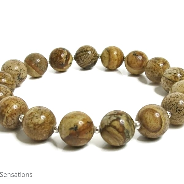 Brown Picture Jasper Beaded Stretch Bracelet With Sterling Silver Beads