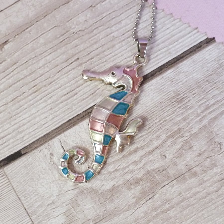 Silver seahorse pendant, metallic pink and blue handpainted necklace for women