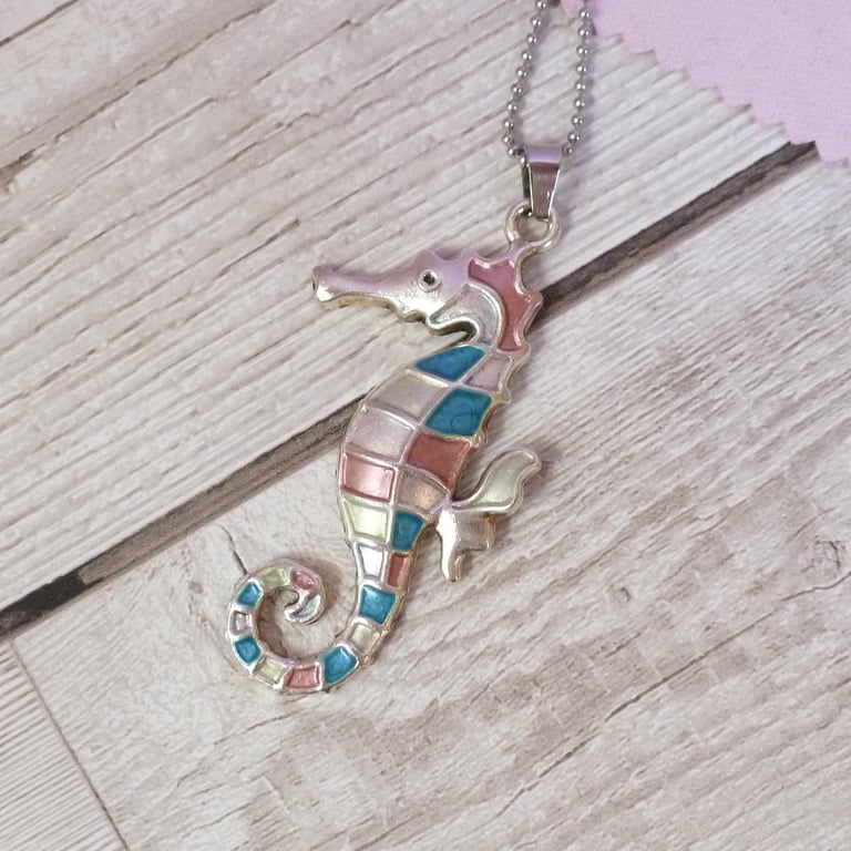 Silver seahorse pendant, metallic pink and blue handpainted necklace for women