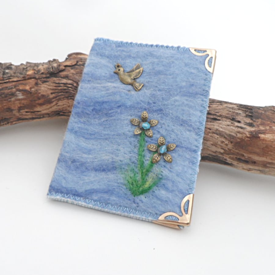 Card Wallet, Bus Pass Holder, felted with bird and flowers