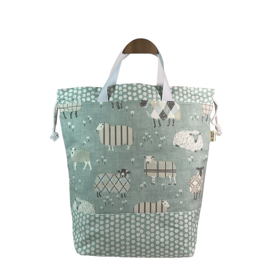 Extra Large drawstring knitting bag with blue sheep print, multi pockets project
