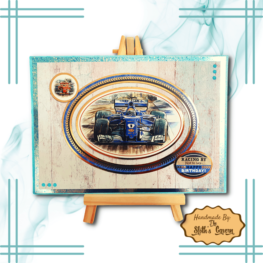 Birthday Card featuring a racing car "Racing By Just To Say Happy Birthday"