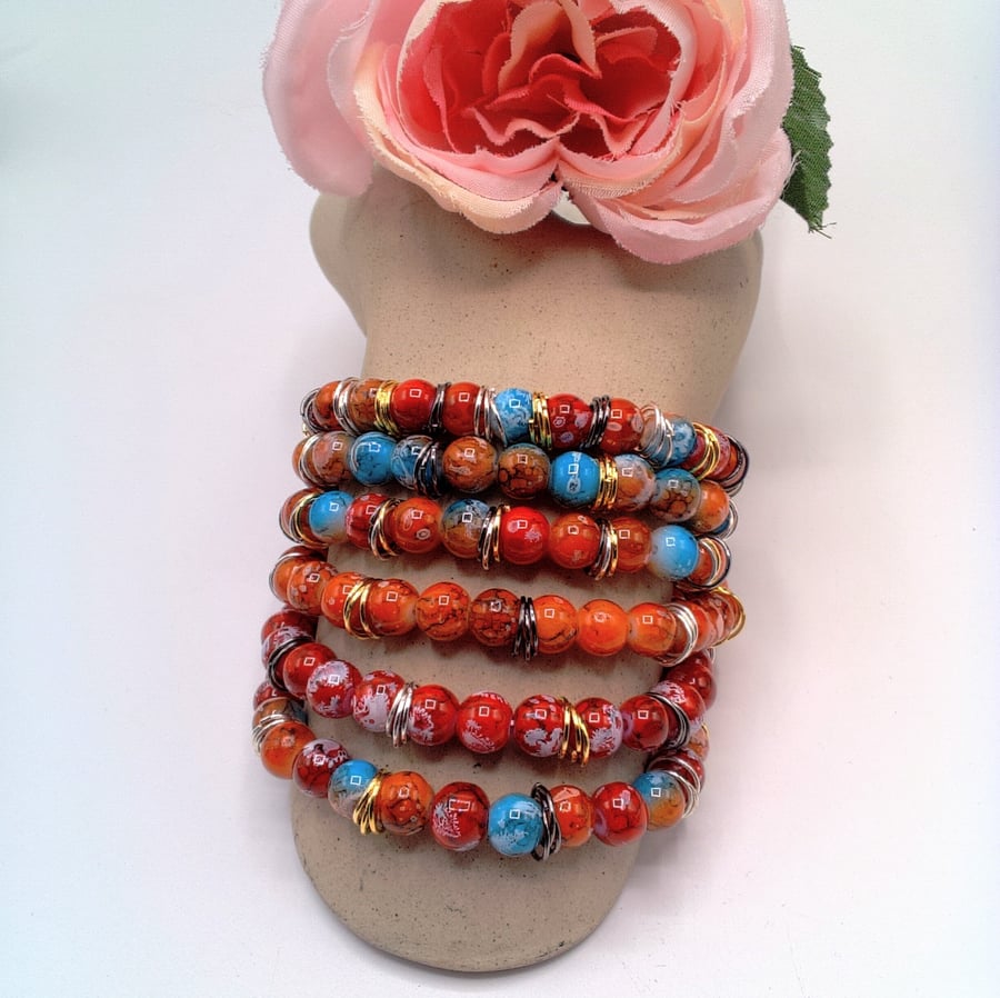 Spatter Glass Bead and Multi Coloured Jump Ring Bracelet, Gift for Her, Bracelet
