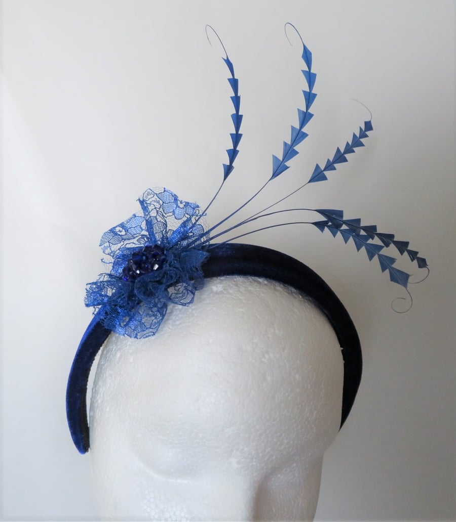 Royal Cobalt Blue Feather Vintage Velvet Headband 