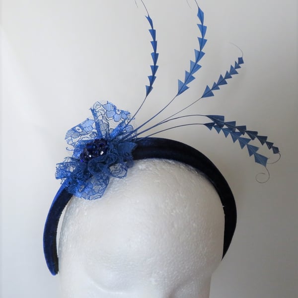 Royal Cobalt Blue Feather Vintage Velvet Headband 