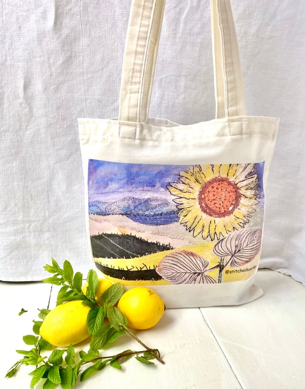 Tote bag , Sunflower art print cotton tote 