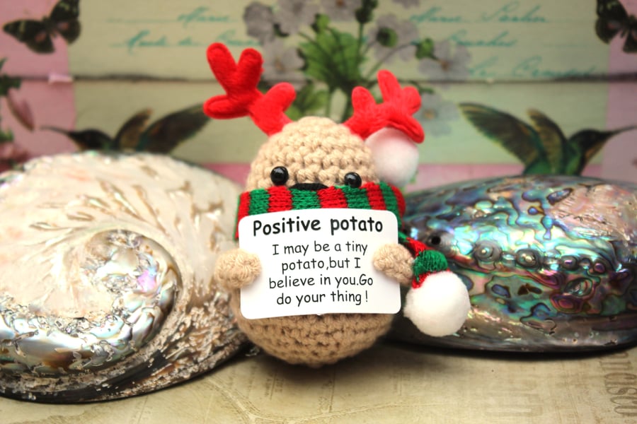 Christmas Positivity Potato: Gift for Optimism, Handmade Crocheted Potato with E