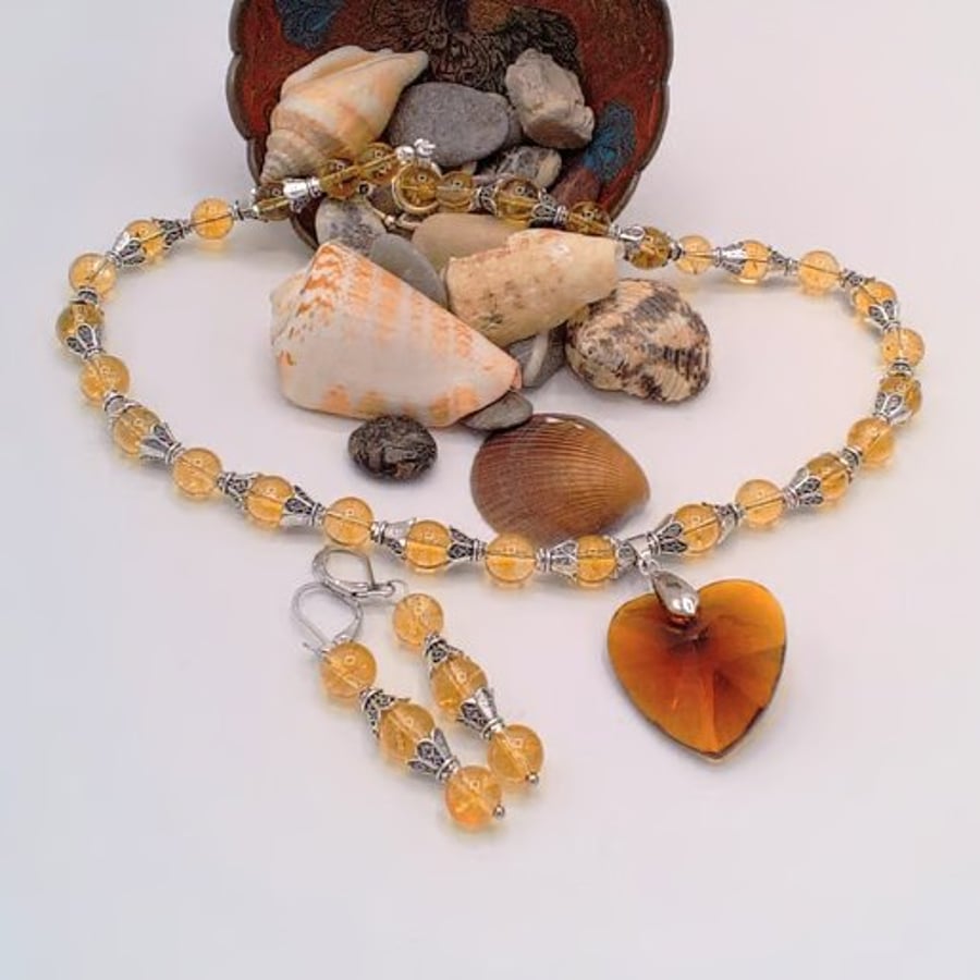 Jewellery Set with Yellow Topaz Beads, Cones and a Golden Brown Crystal Heart