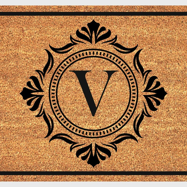 V Letter Door Mat - Monogram Letter V Welcome Mat - 3 Sizes