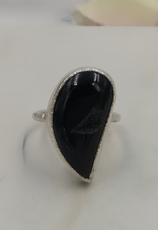 Black Druzy Teardrop Ring, Hand Forged Sterling Silver Molten Band